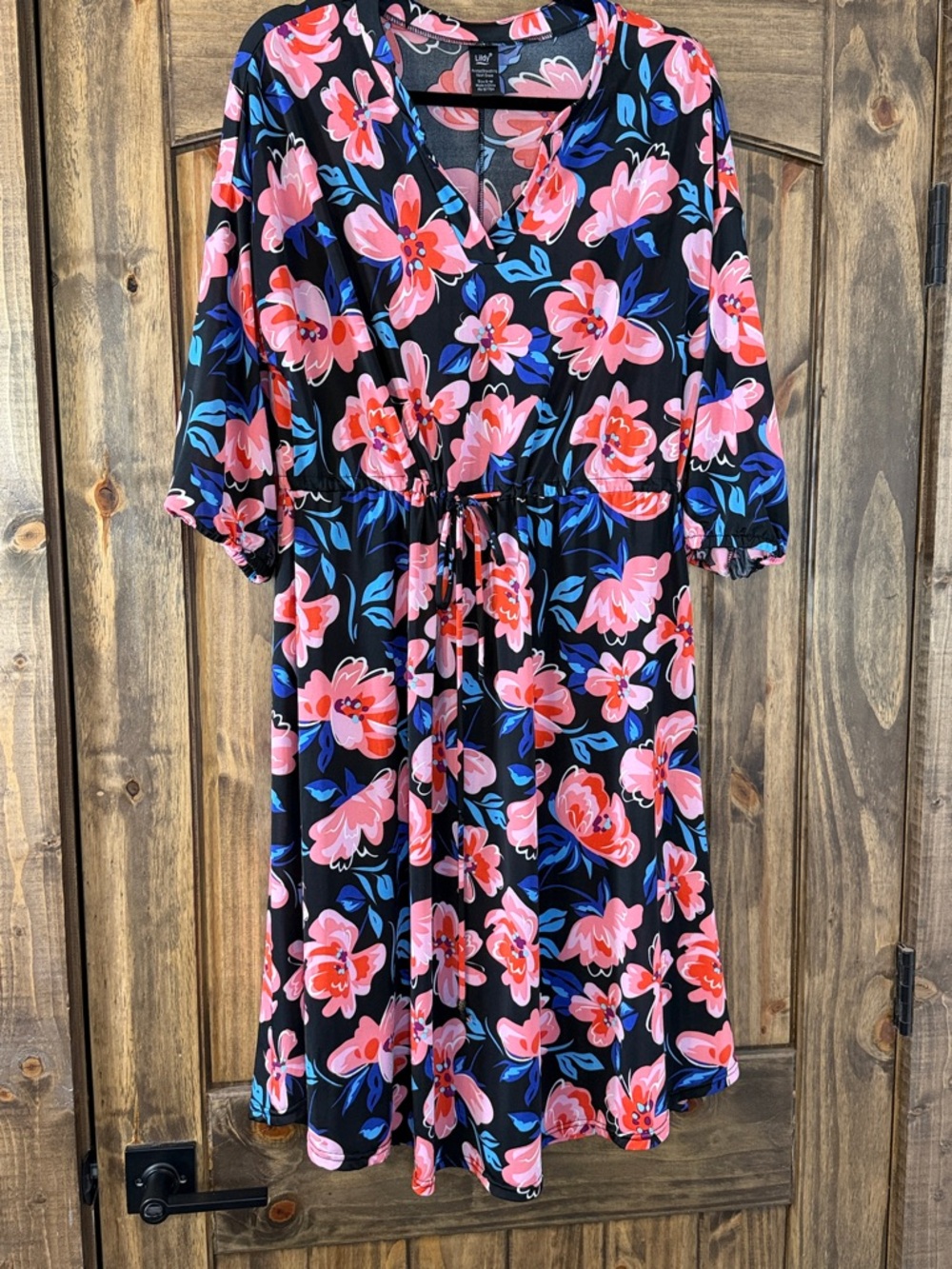Black Midi Wrap Dress with Pink Floral Print
